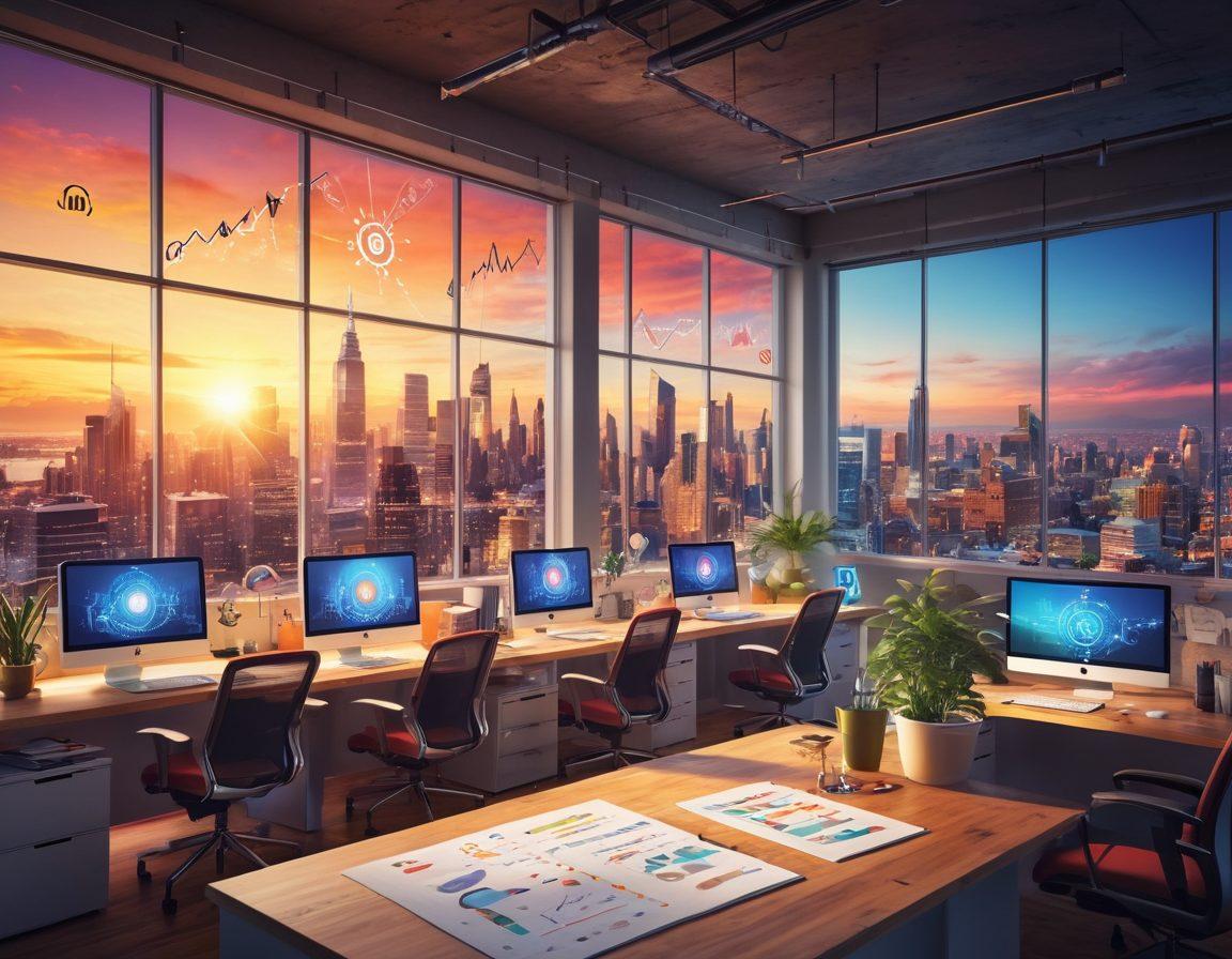 A bustling modern office space showing a diverse team collaborating over a digital interface, with elements symbolizing innovation like lightbulbs, gears, and growth charts. The background features a large window overlooking a futuristic city skyline, conveying a sense of empowerment and ambition. Bright, warm colors to evoke creativity and motivation. 3D illustration. vibrant colors.