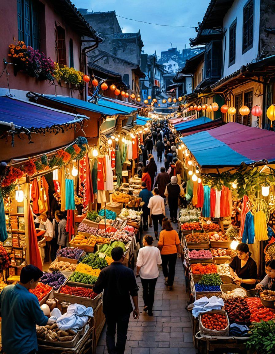 A vibrant marketplace brimming with diverse goods, featuring colorful stalls filled with unique products from various cultures. In the foreground, people of different backgrounds joyfully interacting and exploring the vibrant offerings, with festive decorations overhead. The atmosphere is lively, capturing the essence of community and discovery. super-realistic. vibrant colors. bustling energy.