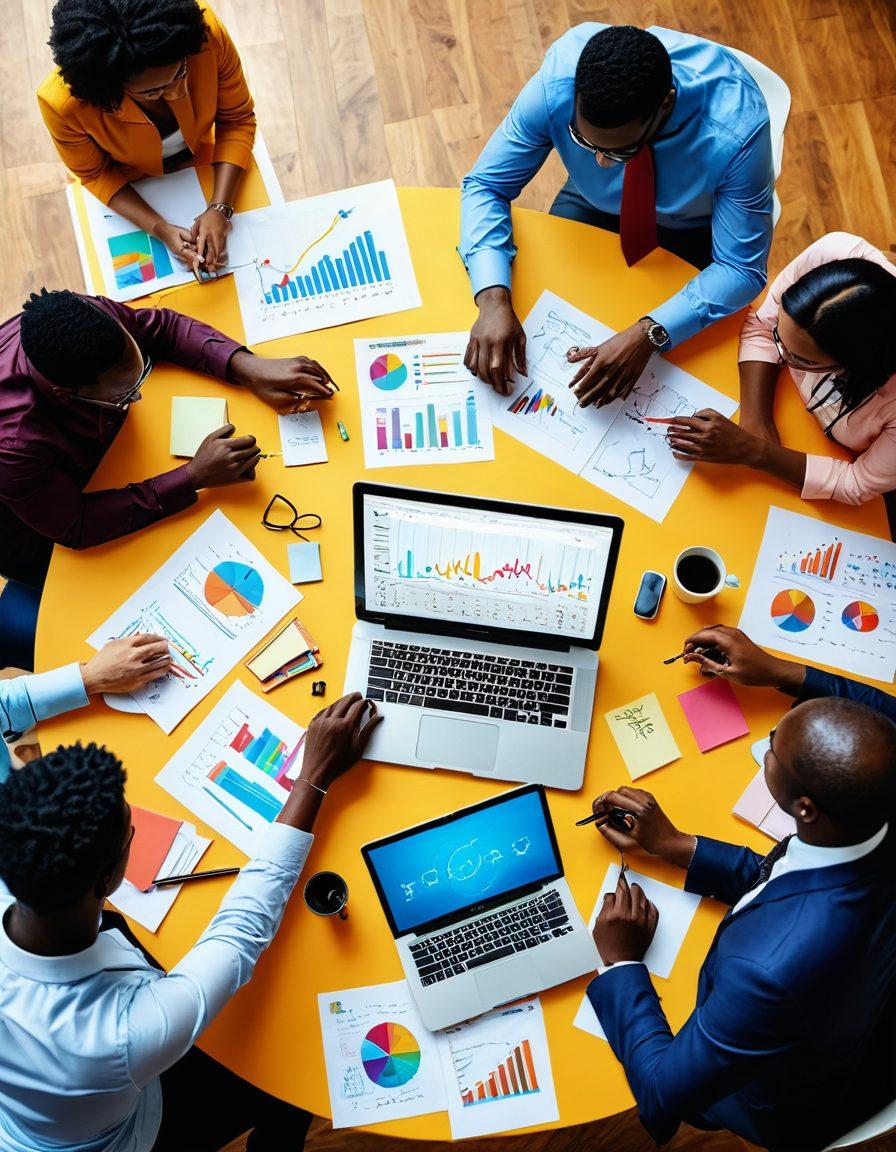 A diverse group of professionals engaging in a lively brainstorming session, surrounded by modern technology and creative materials, with vibrant charts and graphs displaying business growth in the background. Elements of collaboration and innovation are highlighted, showcasing the dynamic atmosphere of the Bacelo Community. Bright colors to emphasize energy and teamwork, artistic flair to evoke inspiration. super-realistic. vibrant colors. 3D.